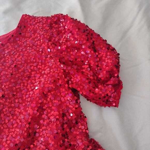 Cat & Jack Girls Red Sequin Dress XL 14 Puff Sleeve Fit n Flare - Picture 4 of 11